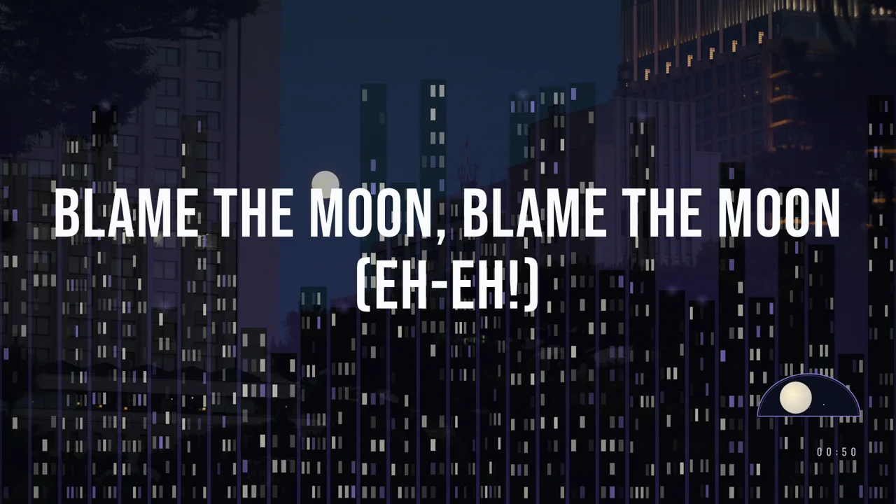 Lyric video frame: bold white capital letters over an animated night city skyline with a moon phase widget