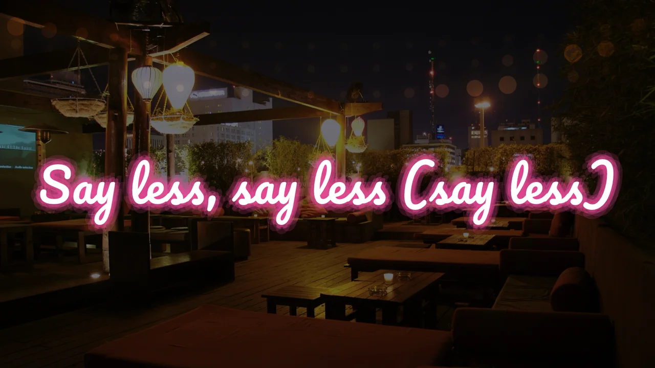 Lyric video frame: pink neon script lyrics glowing over a night rooftop bar